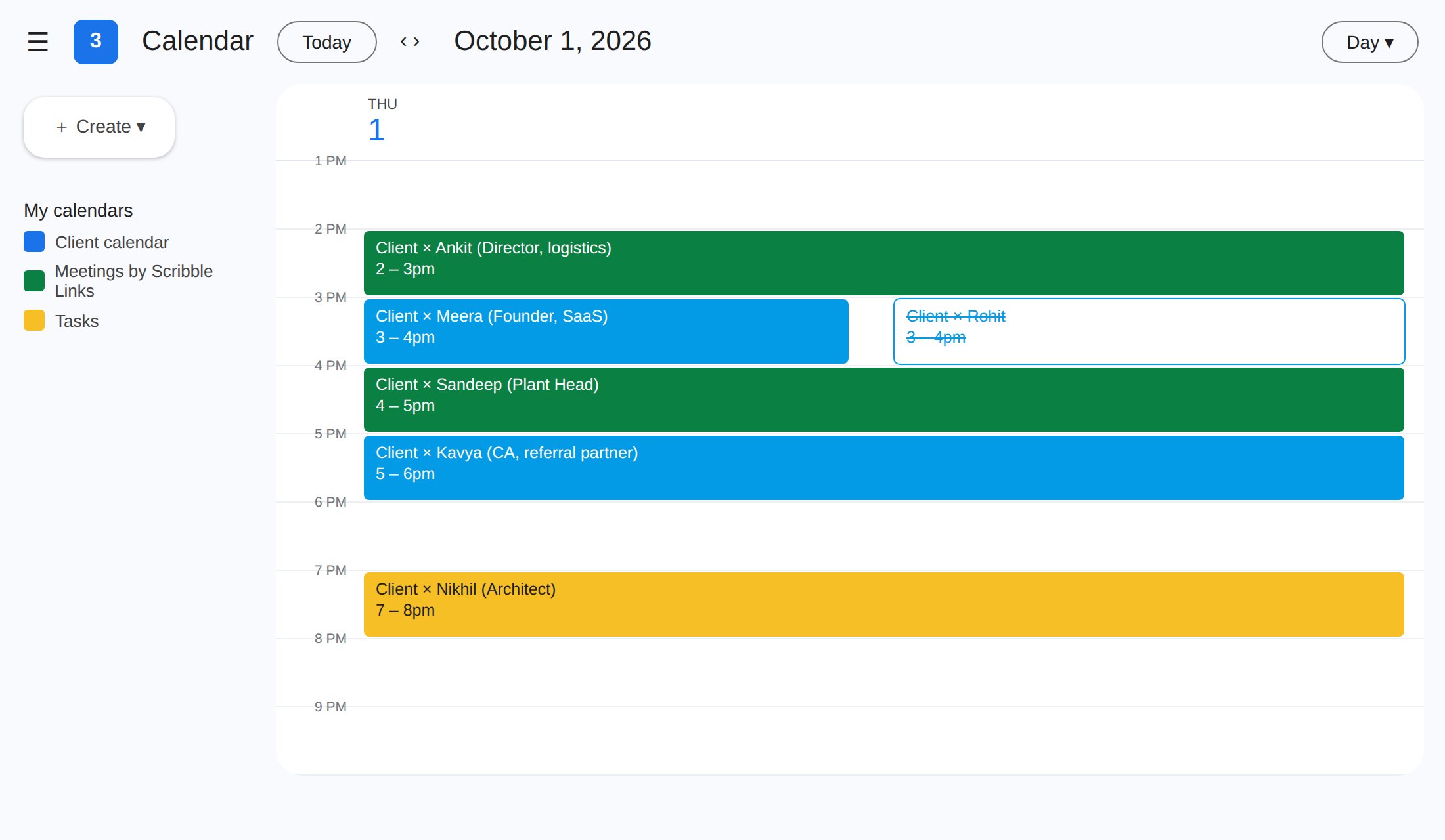A client's Google Calendar on one day: five meetings booked by Scribble Links between 2 and 8 pm, names changed for privacy